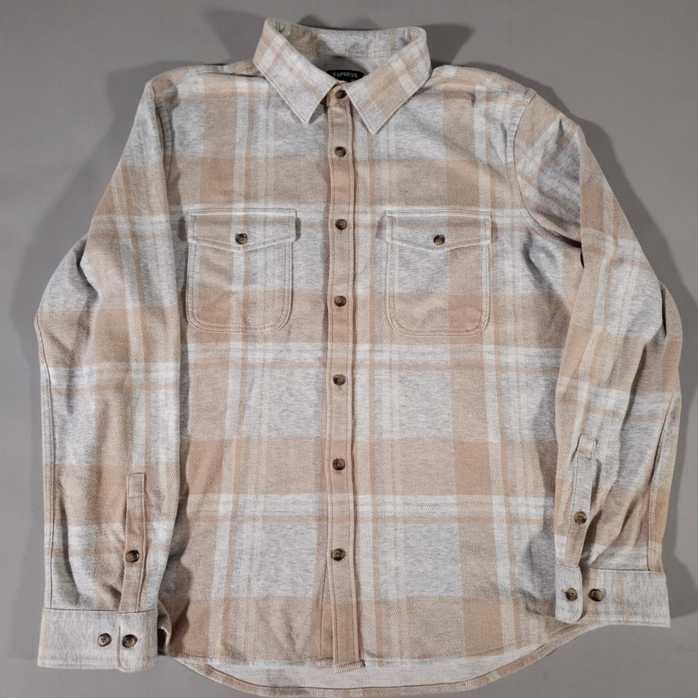 Express Flannel‎ Shirt Mens XL Tan Grey Plaid Long Sleeve Button Down Stretch